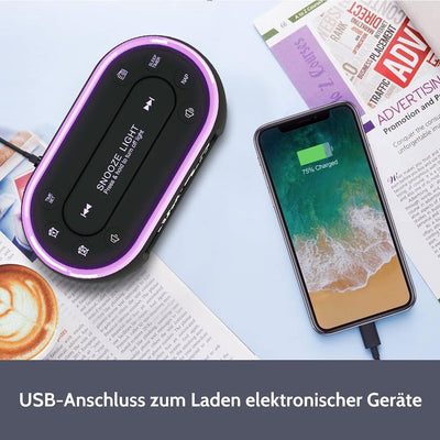 BUFFBEE Nachttisch-Wecker-Radio mit 7-Farben, Dual-Alarm, Snooze, Dimmer, USB-Ladegerät, Nap Timer,