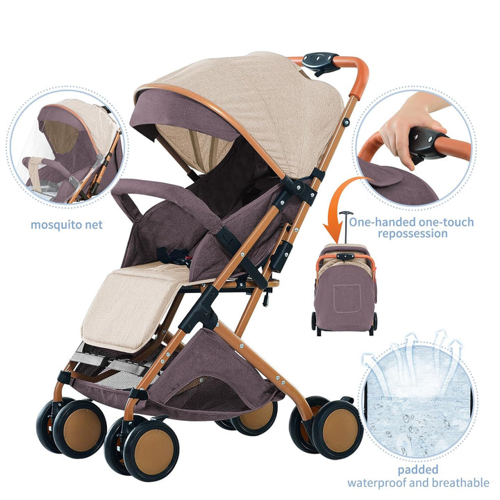 Ultrakompakter Kinderwagen von 0 bis 6 Jahren, Reisekinderwagen mit 5-Punkt-Sicherheitsgurt, Aufbewa