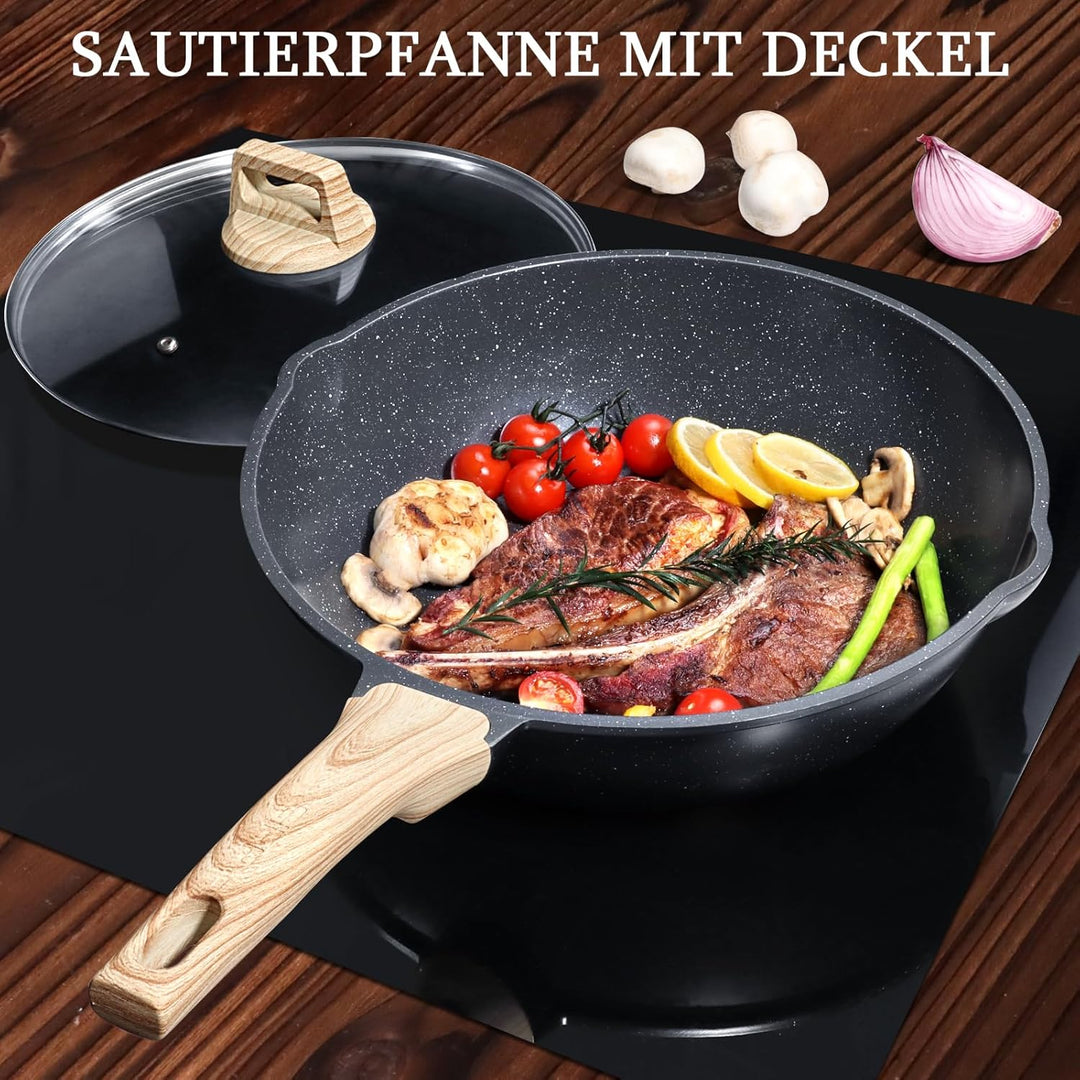 Schmorpfannen Bratpfannem 30cm Hoher Rand, Antihaft Wokpfanne mit Deckel, 5.1L Keramik-Antihaftbesch