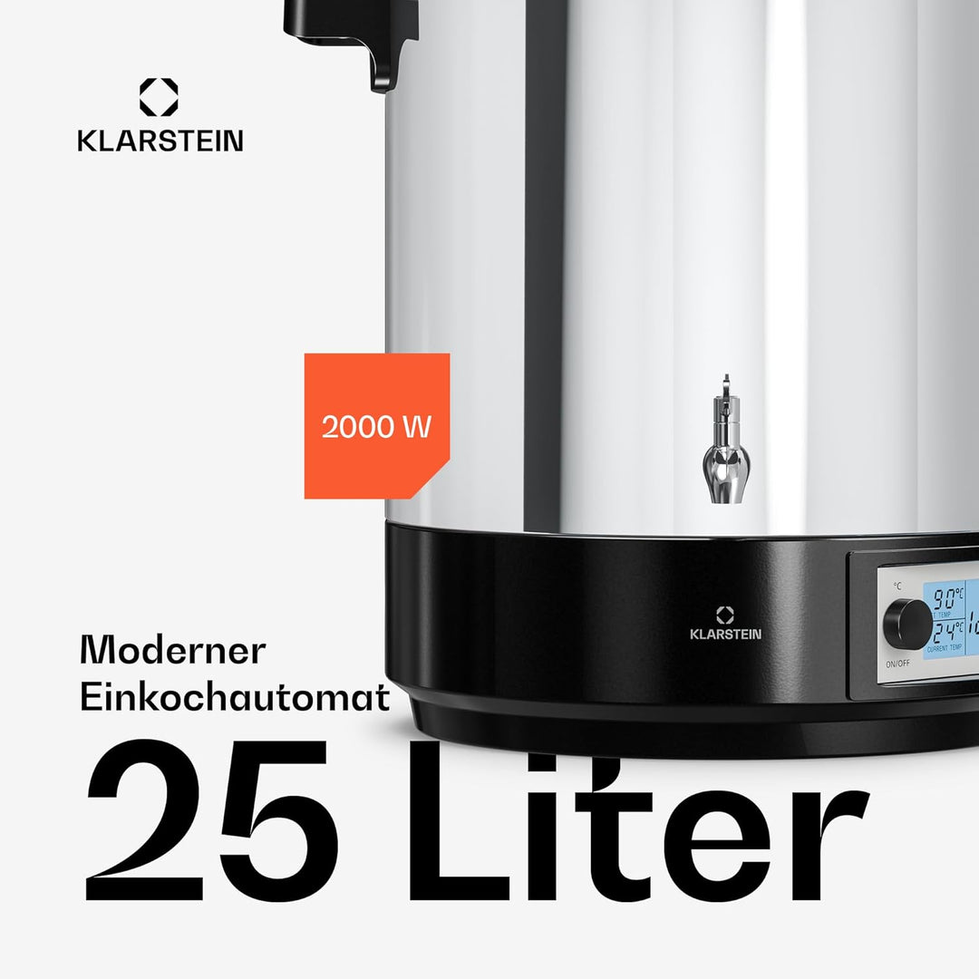 Klarstein Biggie Digitaler Einkochautomat, 25 L Edelstahl-Einkochtopf mit Edelstahlhahn & Timer, 200