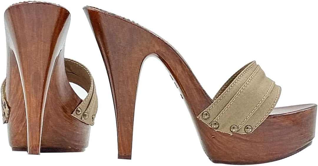Kiara Shoes Damenclog mit hohem Absatz- Obermaterial aus Stoff - K9201 Taupe (41 EU, Taupe) 41 EU Ta