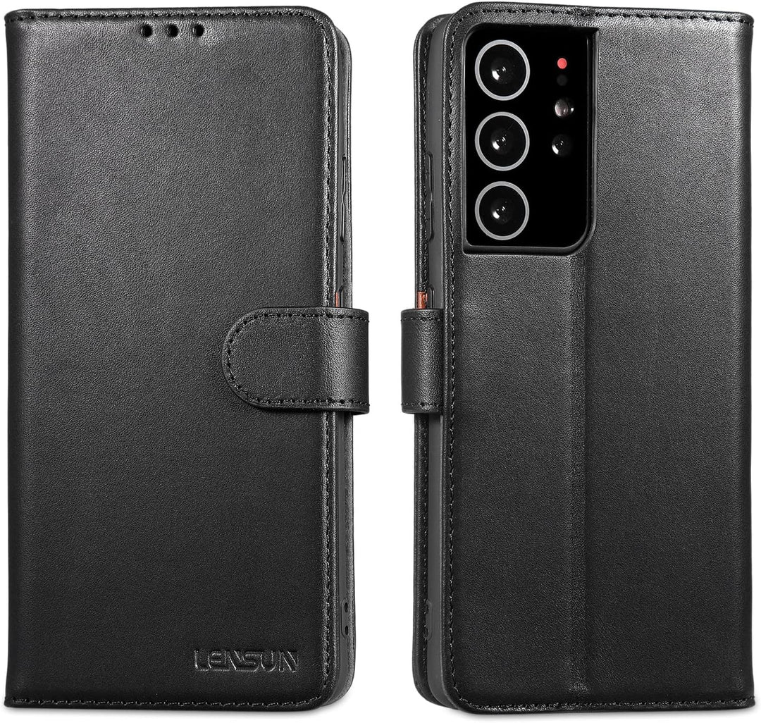 LENSUN Echtleder Hülle für Samsung Galaxy S21 Ultra, Handyhülle [Echtes Leder] [Magnetverschluss] [K