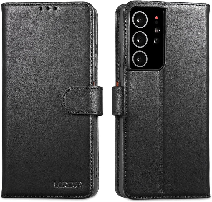 LENSUN Echtleder Hülle für Samsung Galaxy S21 Ultra, Handyhülle [Echtes Leder] [Magnetverschluss] [K