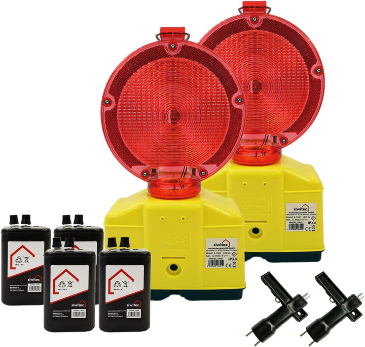 2 x siwitec LED Baustellenleuchte rot/transparent inkl. 4 x Blockbatterien Typ 4R25 6V 7Ah, LED Warn