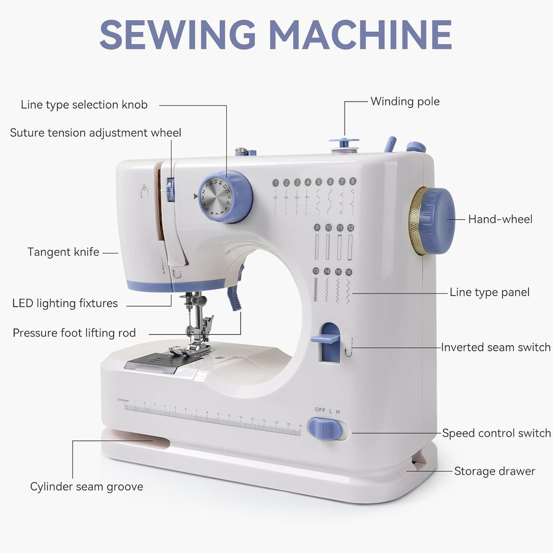 Nähmaschine für Anfänger und Kinder, Qoosea 16 Stichmuster Overlock Nähmaschine Einfach zu Bedienen,