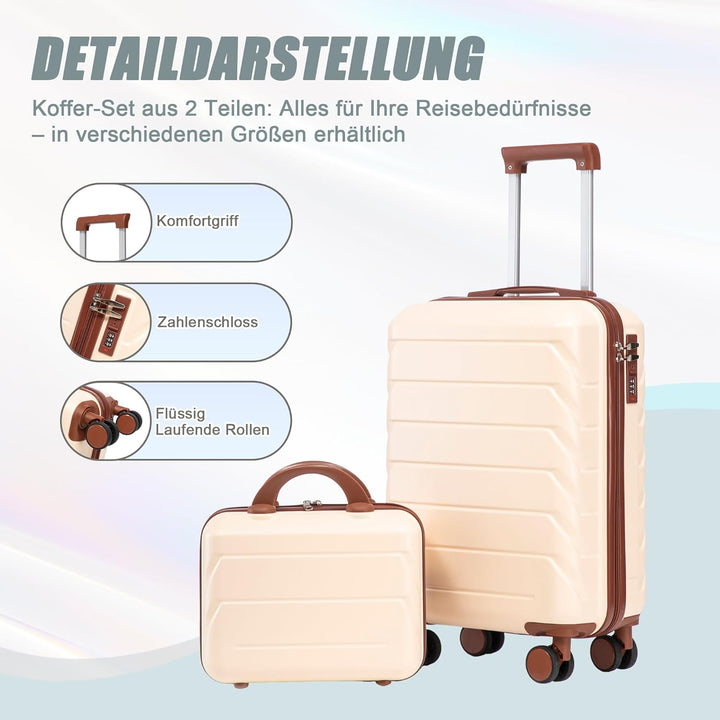 Hartschalen-Koffer Trolley Handgepäck Rollkoffer, Reisekoffer Set mit 4 Rollen, 2er Gepäckset Beige+