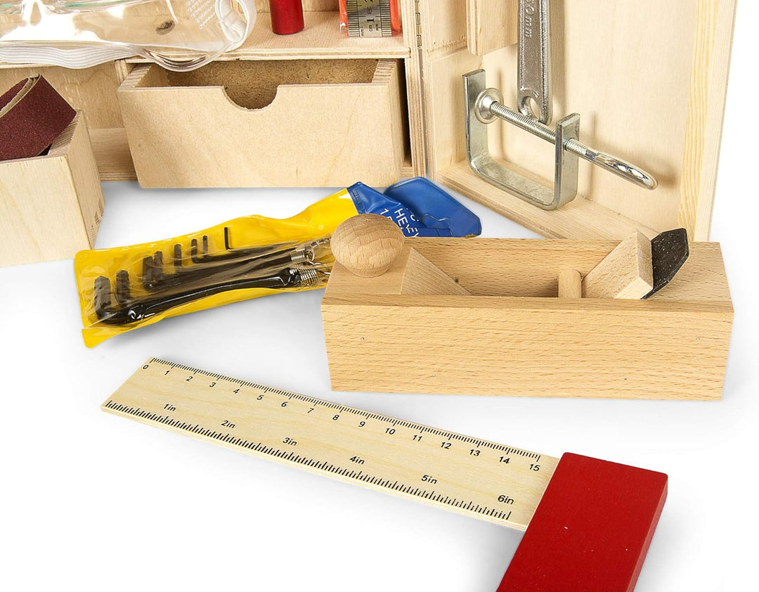 Leomark Deluxe Holz Werkzeug für Kinder - 50-TLG - Werkzeugkasten, Kompakter Werkzeugkoffer, Holzsch
