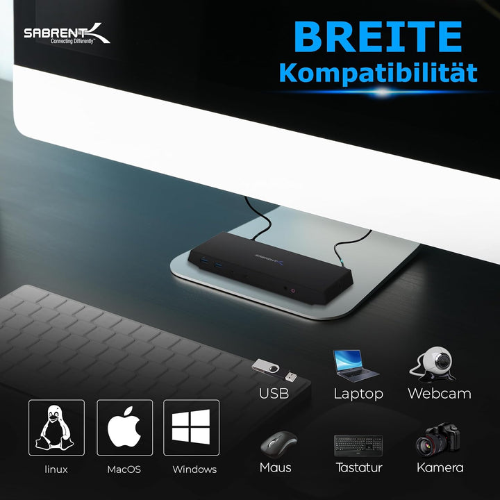 SABRENT USB C Dockingstation mit netzteil, 2 HDMI + 2 DP, 5K / 4K@60Hz, PD 60W, RJ45 Ethernet, USB P