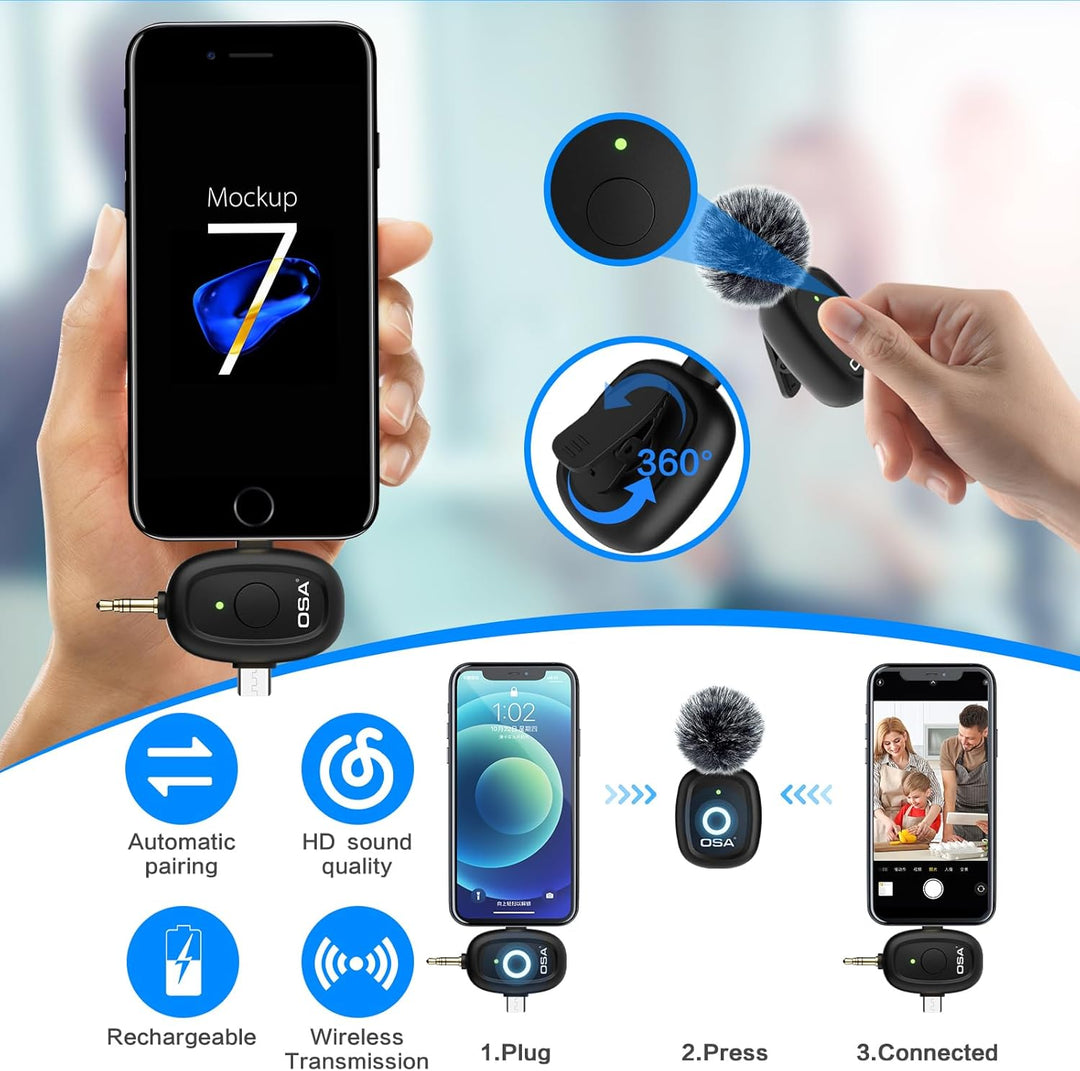 OSA 3 in 1 lavalier mikrofon für Kamera,IOS,Android,und Laptop, 2.4G Ultra Low Delay 8H Lange Arbeit