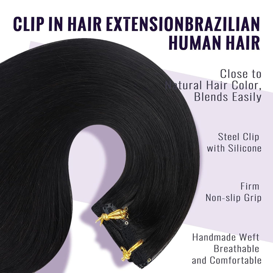 Fshine Clip in Extensions Echthaar 35cm 14 Zoll 120g 7Stück Natürliches Schwarz Echthaar Extensions