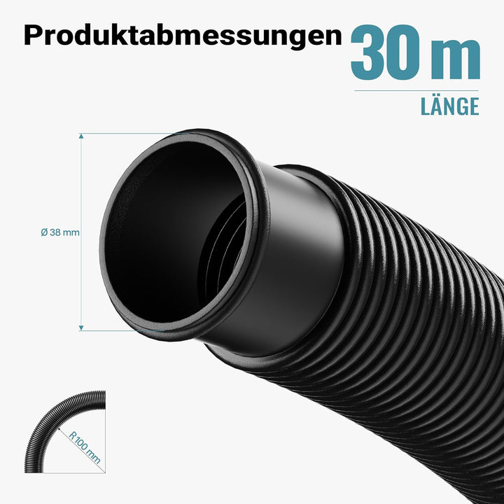 Teichtip ® 30m – 38mm – Solarschlauch schwarz mit Muffe für Pool 190g/m – Made in Europe