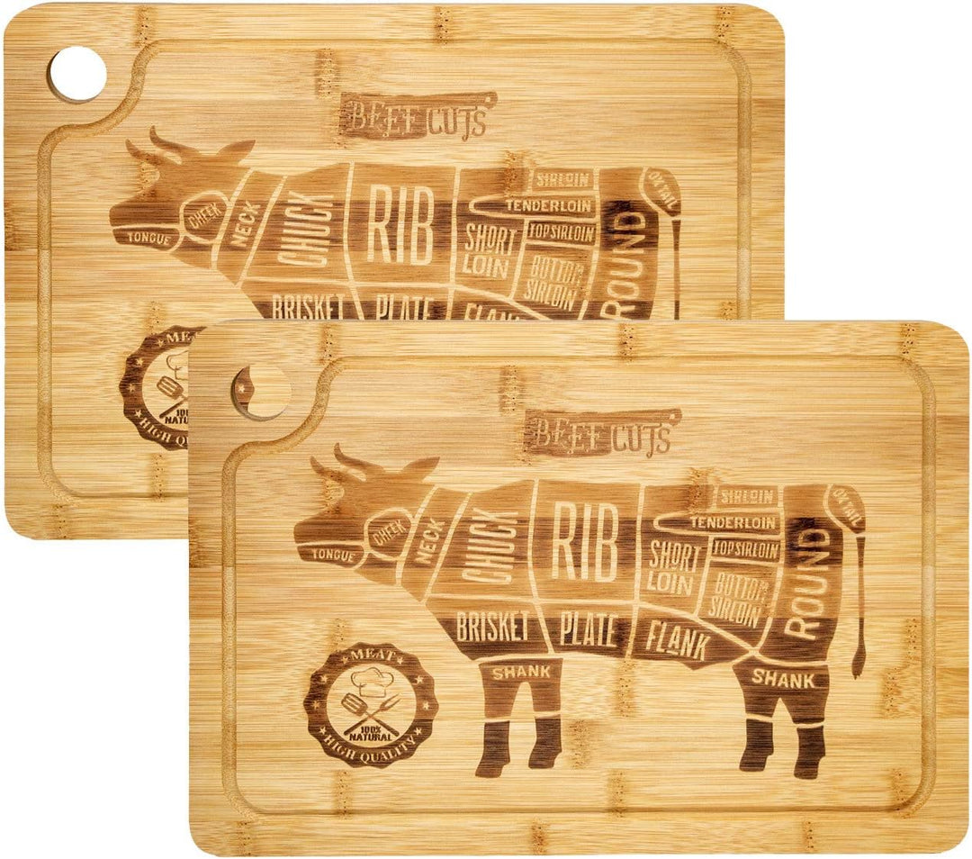 DuneDesign Steakteller aus Bambus 2er Set – massive Holz Steakbretter 33x23 cm, 2 cm dick – stilvoll