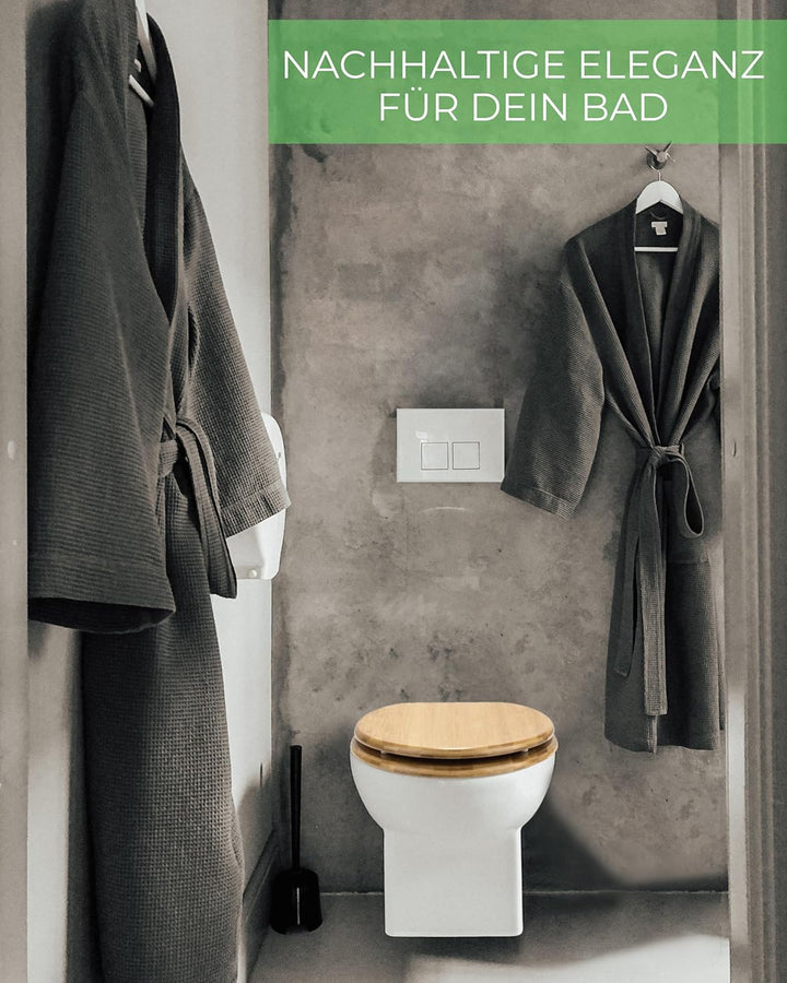 Bambus WC Sitz mit Absenkautomatik - bombenfester Halt des Bambus Klodeckels durch Spezialscharniere