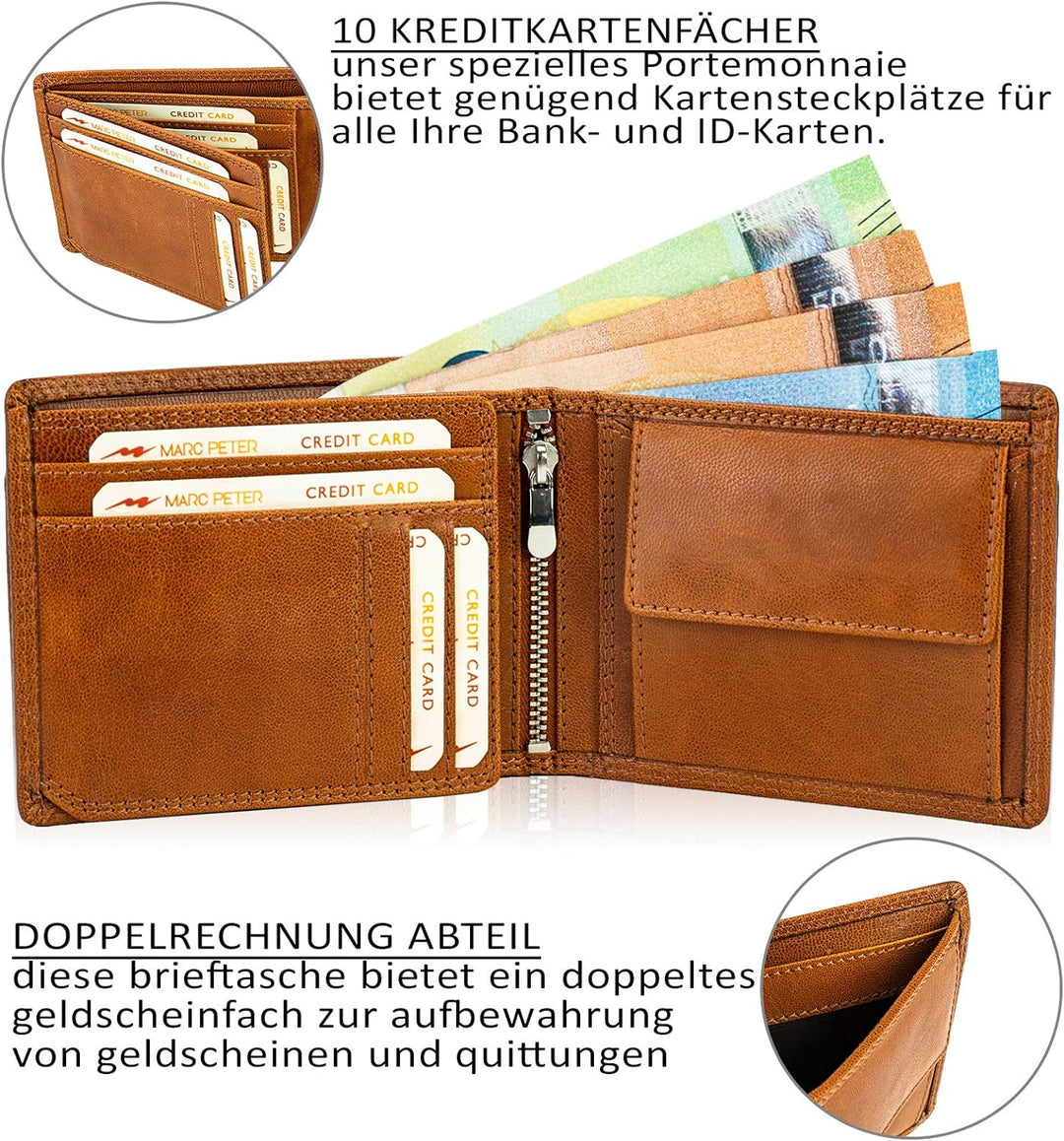Marc Peter® Echt-Leder Geldbörse Hanover | Geldbeutel für Herren mit RFID-Schutz | Gross 10 Fächer P