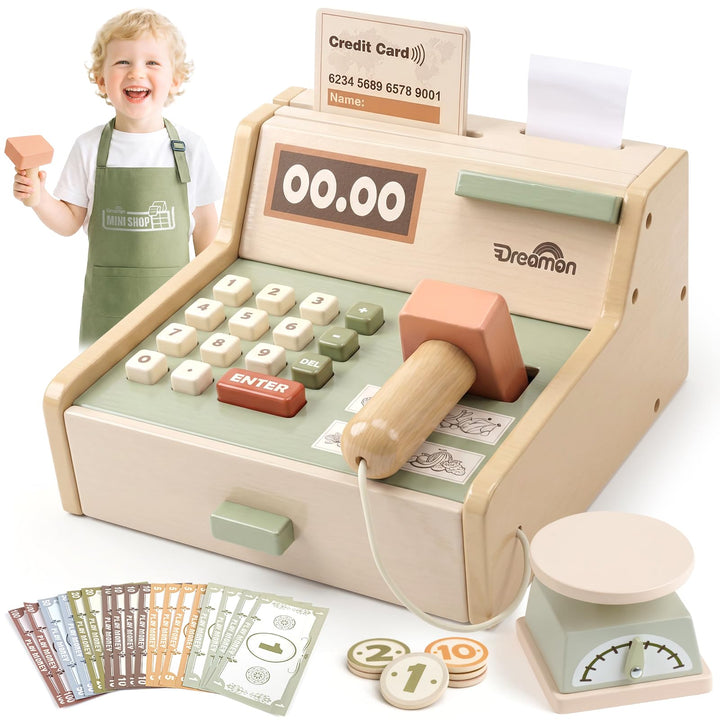 Dreamon Holz Kasse Kinder, Holz Spielkasse Kinderkasse mit Scanner Kaufladen Spielzeug mit Schürze G