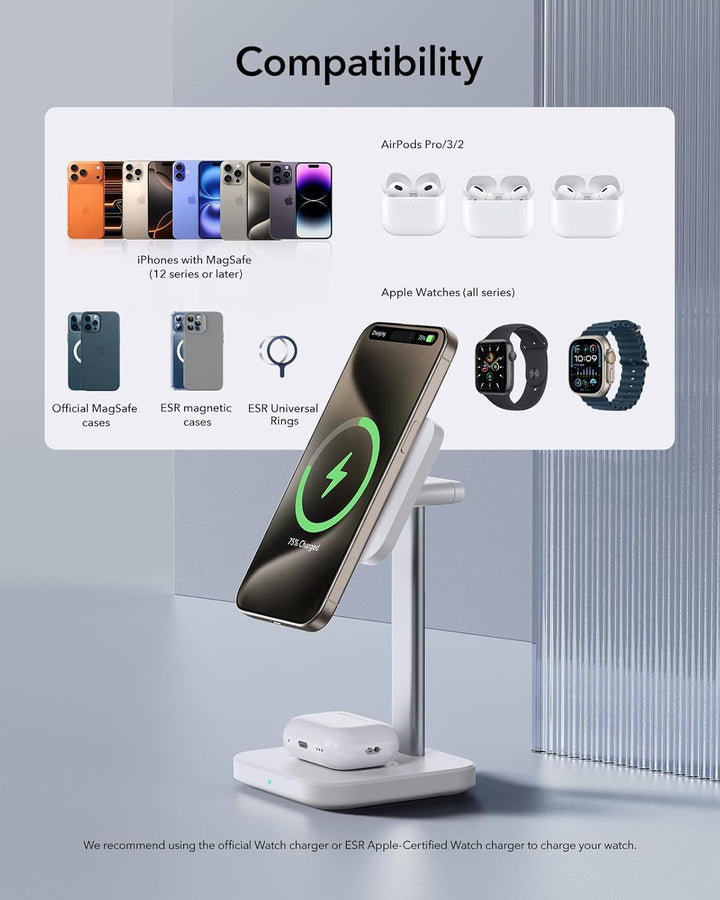 ESR 2 in 1 Ladestation Apple Watch und iPhone, Magsafe Ladestation für iPhone 17/16/15/14/13/12, App