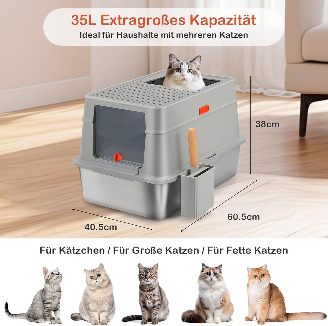 Shikha Edelstahl Katzenklo mit Deckel, 60.5L*40.5B*38H cm XXL Katzenklo Edelstahl Geschlossen, Gross