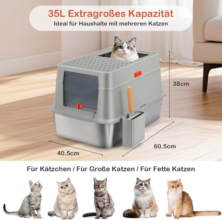 Shikha Edelstahl Katzenklo mit Deckel, 60.5L*40.5B*38H cm XXL Katzenklo Edelstahl Geschlossen, Gross