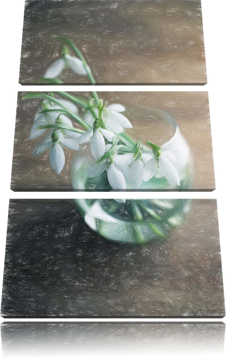Pixxprint Schneeglöckchen in der Vase als Leinwandbild | Grösse: 3 Teilig (120x80) | Wandbild| Kunst