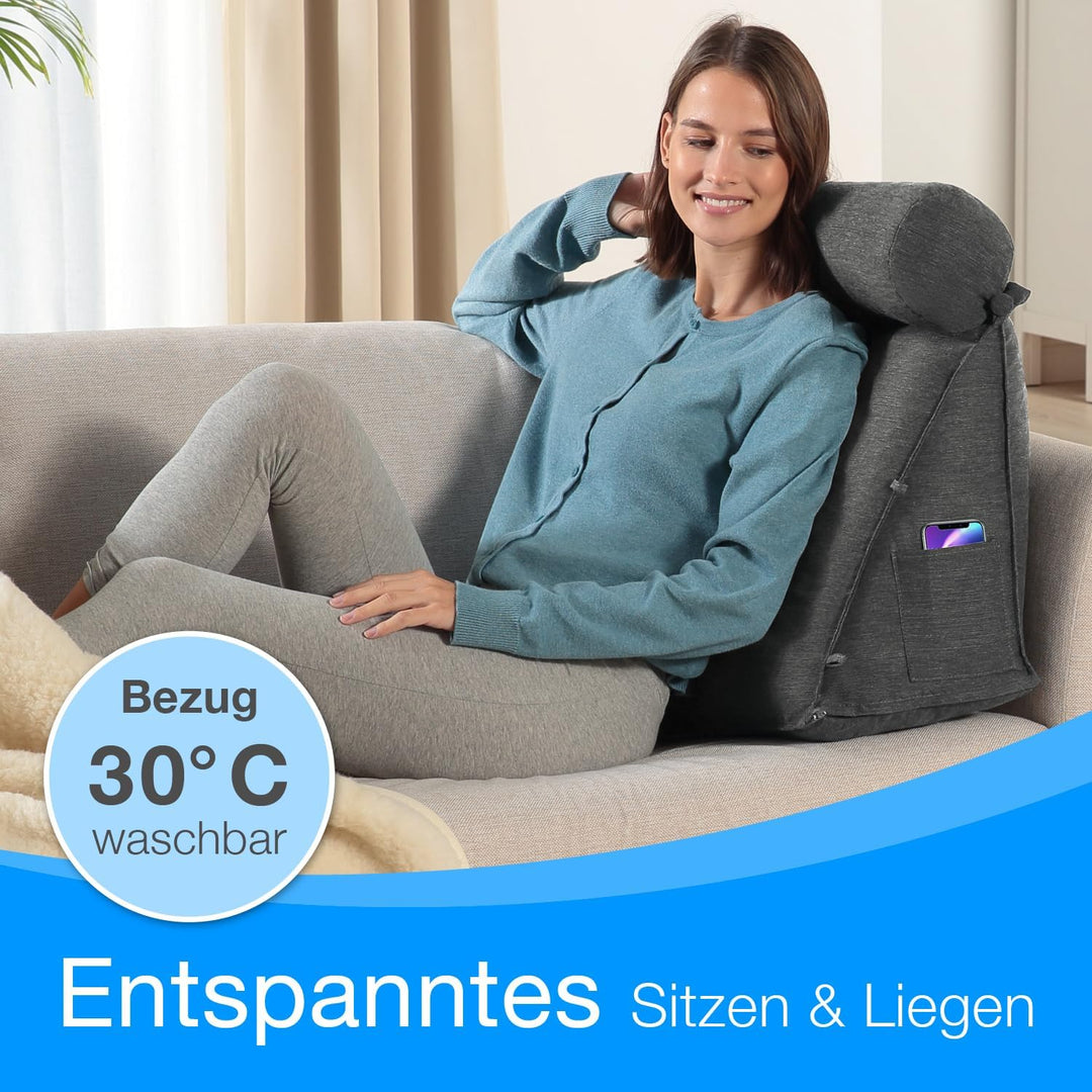 maxVitalis Rückenkissen Bett/Sofa mit Abnehmbarer Nackenrolle und Seitentasche, Rückenstützkissen mi