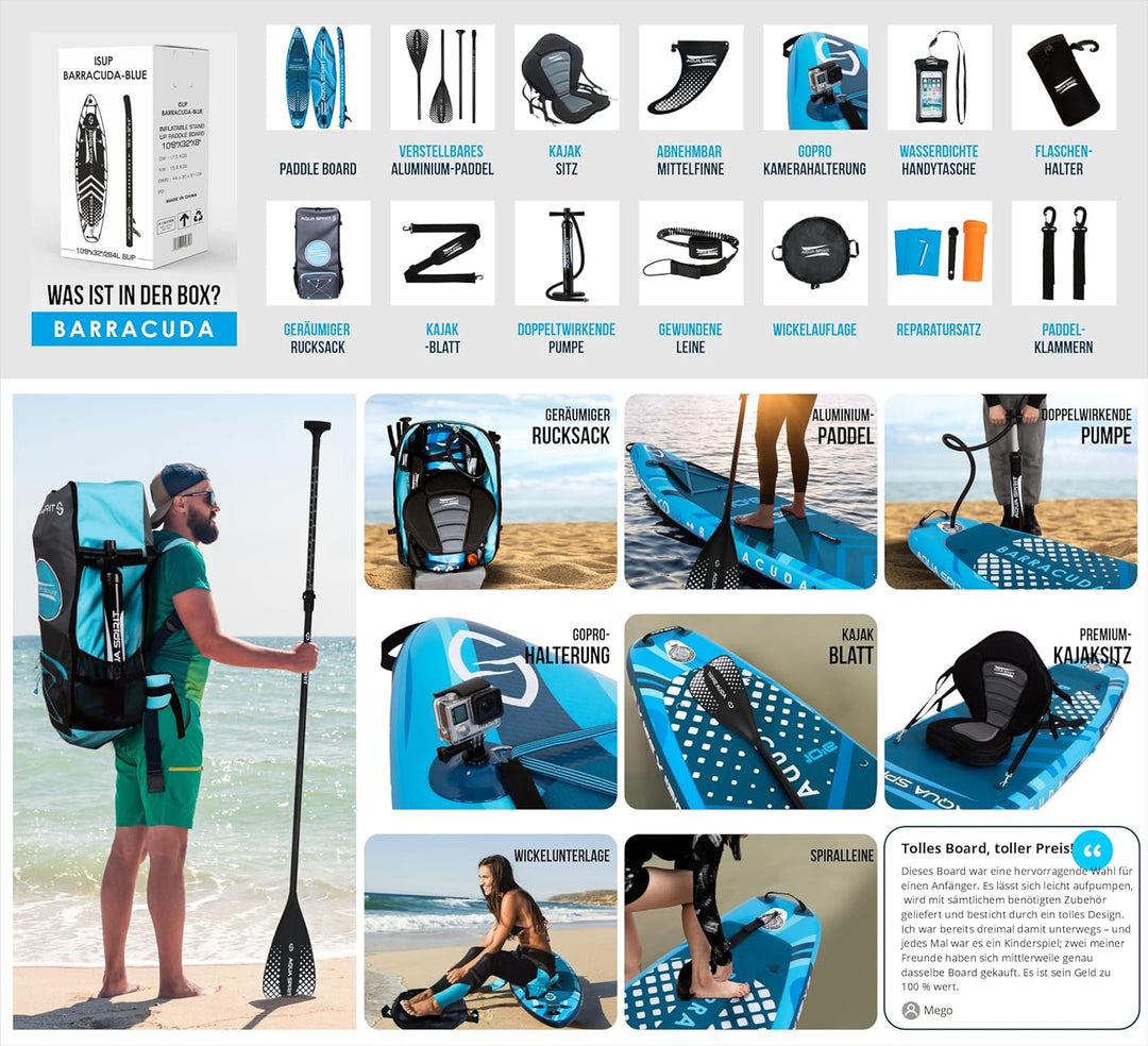 AQUA SPIRIT SUP Aufblasbare Boards für Stand-Up Paddling Paddel Board Set Mit verstellbarem Paddle,