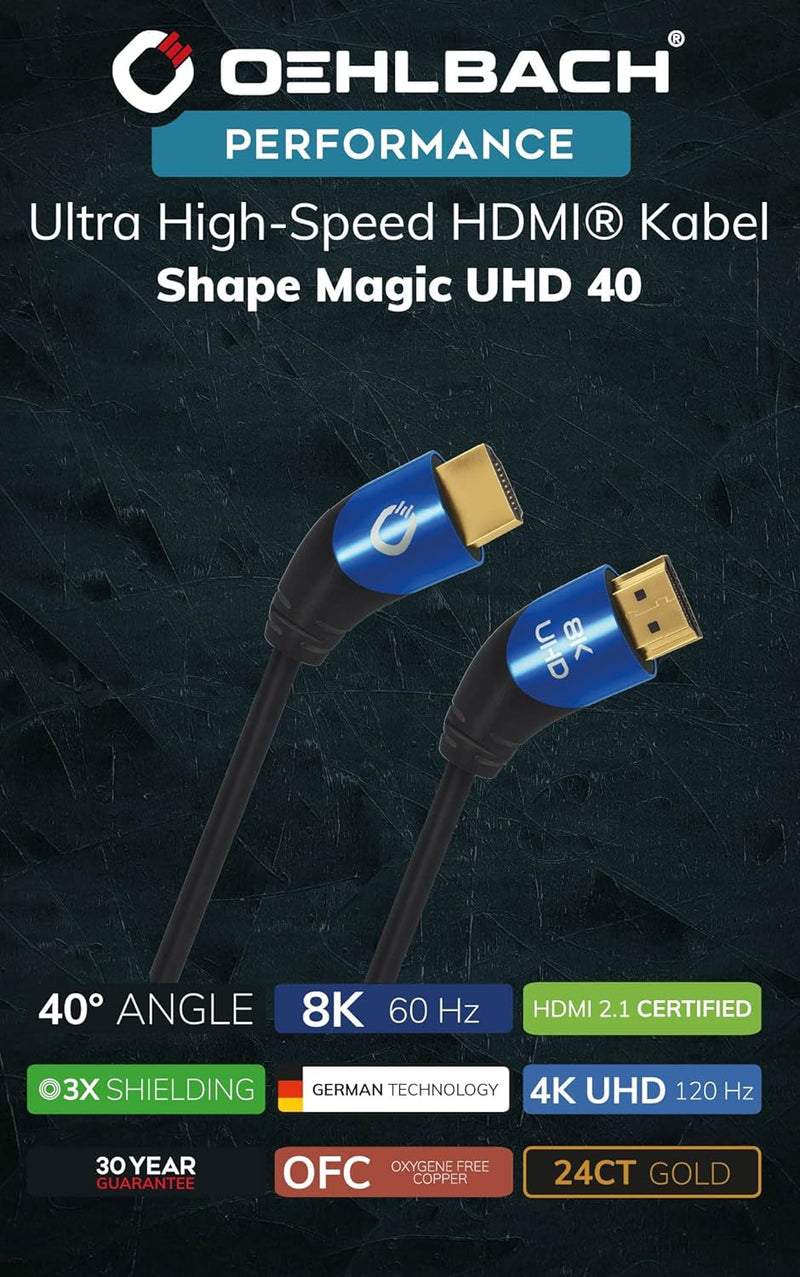 Oehlbach Shape Magic 40-8K Ultra High Speed 2.1 HDMI-Kabel - Zertifiziert 48 Gbps (40 Grad Winkelste