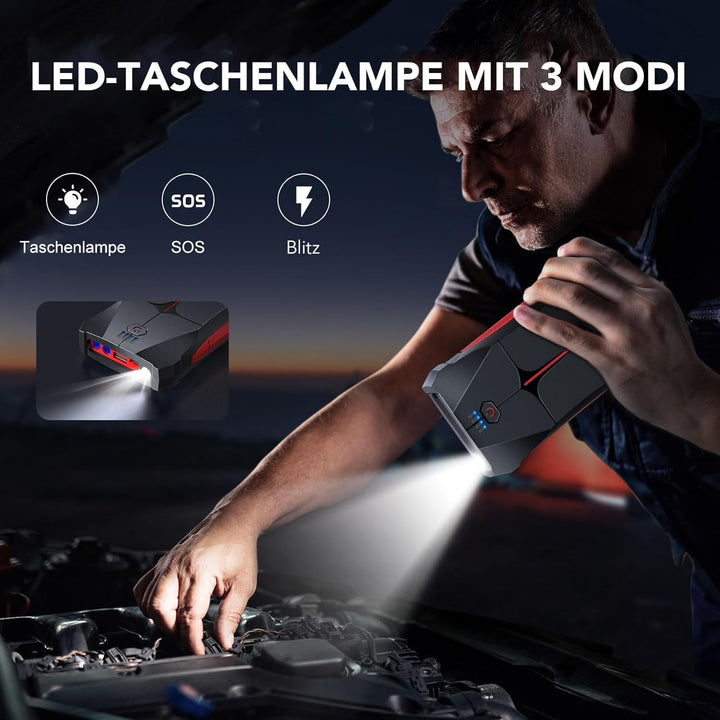 FLYLINKTECH Starthilfe Powerbank, 2500A Spitzstrom Tragbare Auto Starthilfe 12V für 6.0L Benzin und