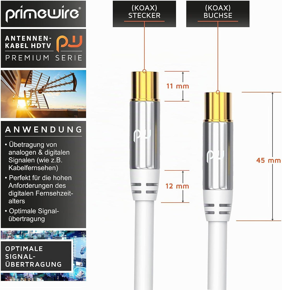 CSL - 15m Antennenkabel 8k 4k HDTV 135Db 75 Ohm - Premium Koaxialkabel - Full HD 4K UHD - Koax Steck