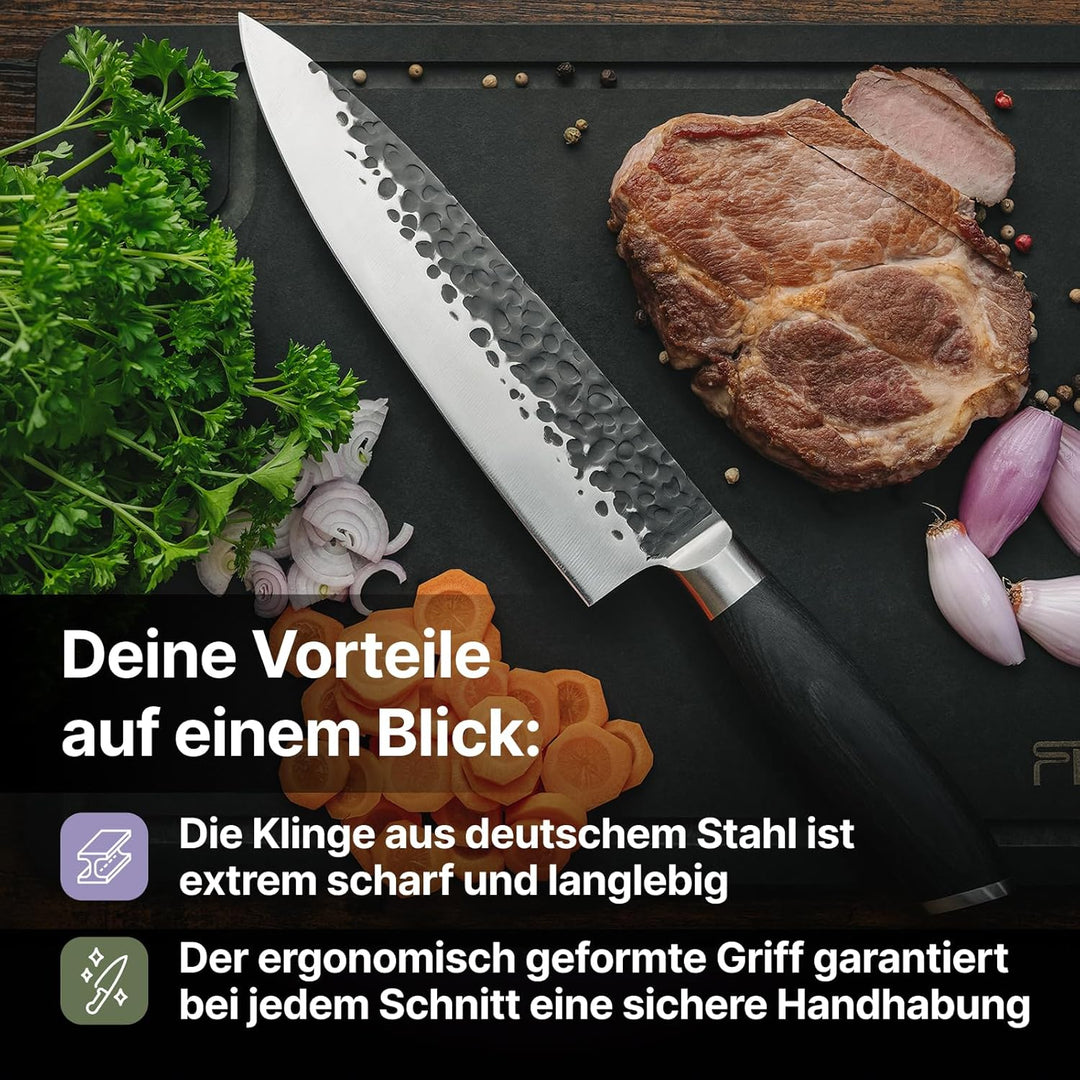 FIVI Kochmesser ROLF 20 cm | Profi Chefmesser aus rostfreiem Stahl mit Hammerschlag – Scharfes Allzw