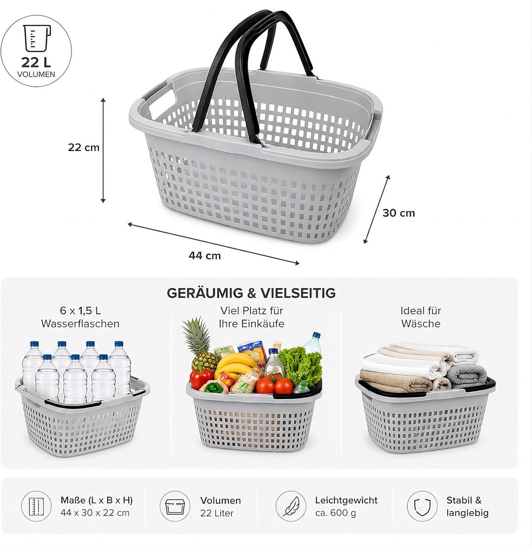 HRB Einkaufskorb mit 2 Henkeln klappbar, Kunststoff, Belüftungslöcher (3, Grau) Grau 3, Grau 3