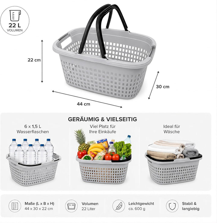 HRB Einkaufskorb mit 2 Henkeln klappbar, Kunststoff, Belüftungslöcher (3, Grau) Grau 3, Grau 3