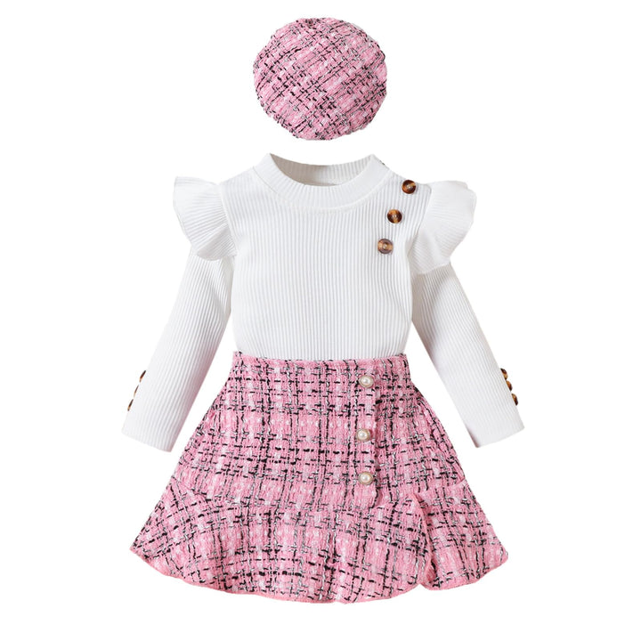 Kleinkind Baby Mädchen Kleidung Langarm Gerippte Oberteile Plaid Tweed Muster Rock Baskenmütze Herbs