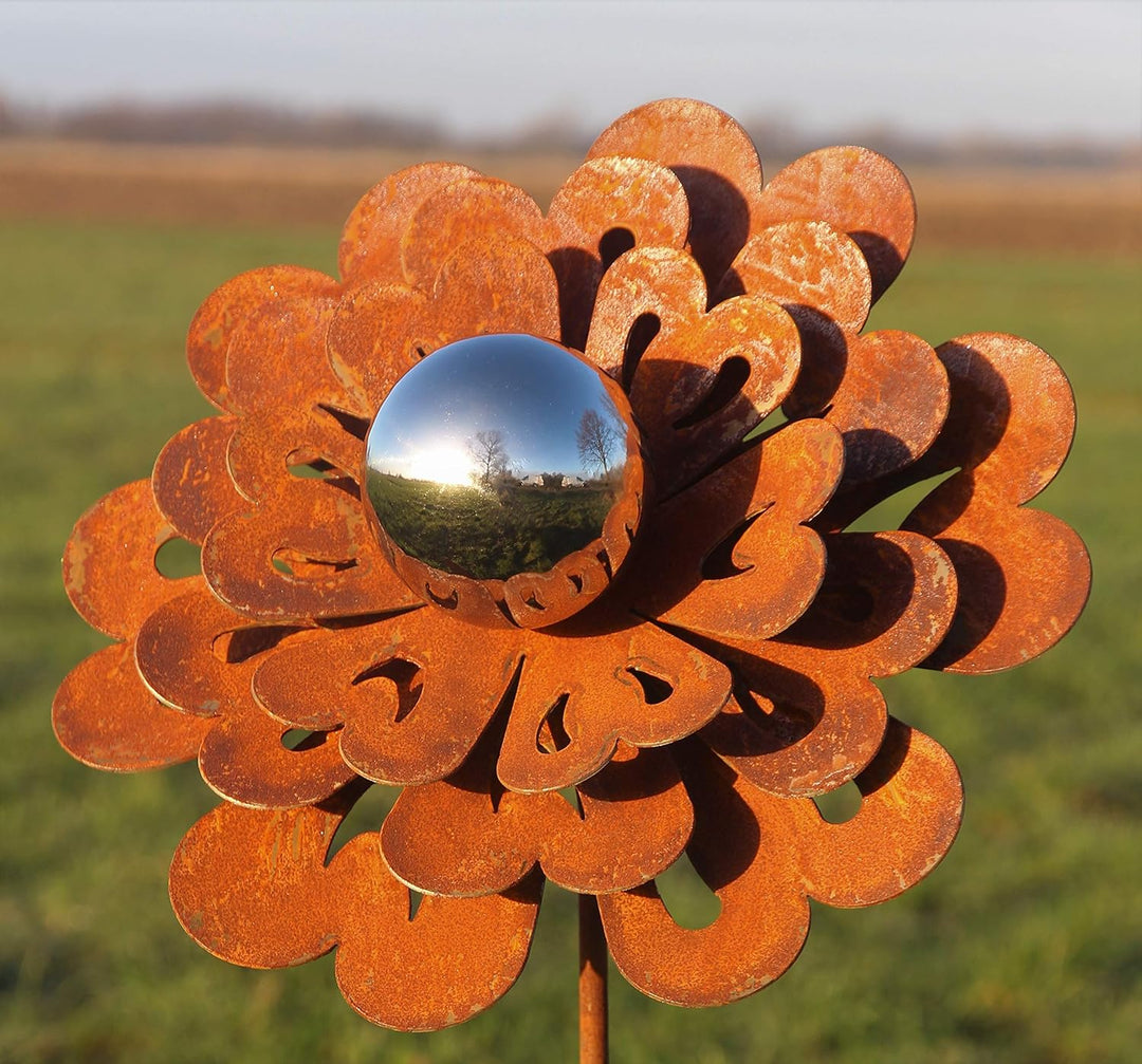 Bornhöft Gartenstecker Metall Rost Gartendeko rostige Dekoration Edelrost mit Edelstahlkugel(Blume S
