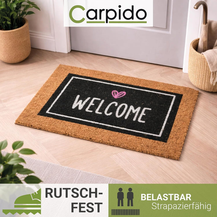 Carpido Fussmatte Kokos Welcome Herz schwarz - Türmatte 2er Set 40 x 60 cm - antibakterielle Eingang