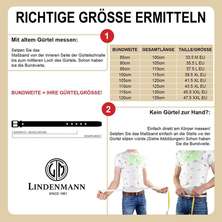 LINDENMANN Anzug-Ledergürtel Herren, Anzug-Gürtel Herren 35 mm breit Rindleder schwarz Bundweite 85