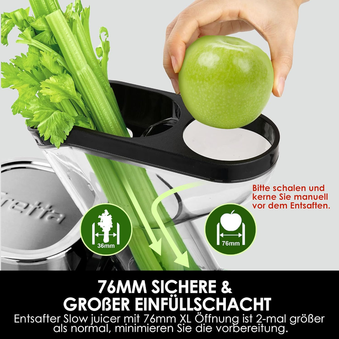 Fretta Entsafter Slow Juicer, Edelstahl Entsafter Gemüse und Obst Testsieger, 200W Cold Press Juicer