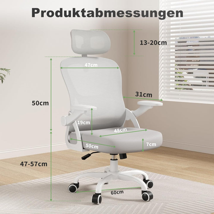 rattantree Bürostuhl, Schreibtischstuhl mit Hochklappbaren Armlehnen, Kopfstütze und Rückenlehne, Kl