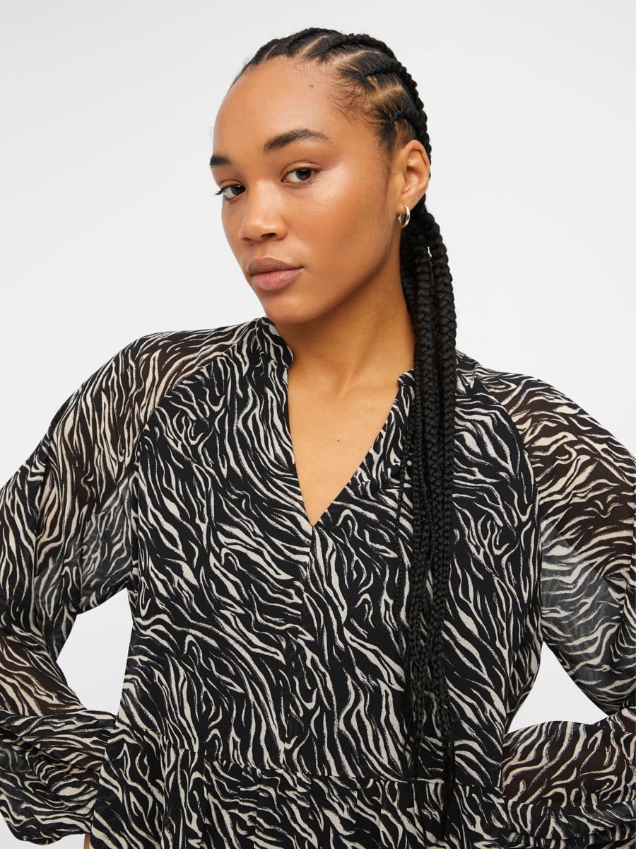 Object Damen Objmila Gia L/S Dress Noos Kleid 36 Black/Aop:sandshell Zebra, 36 Black/Aop:sandshell Z