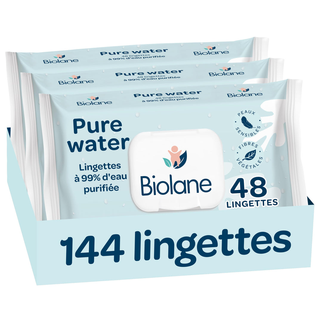 BIOLANE Baby-Reinigungstücher Pure Water – 3 x 48 Stück (144 Tücher) – mit gereinigtem Wasser – rein