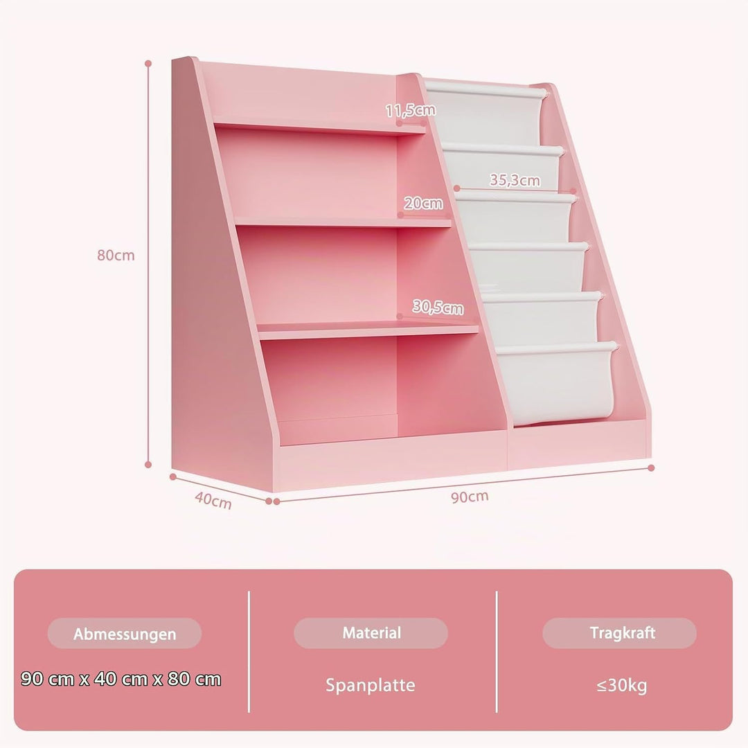 NACHES Kinderregal Bücherregal für Kinder, 90x40x80cm, mit 5 Ablage und 4 offenen Fächern, aus Holz,