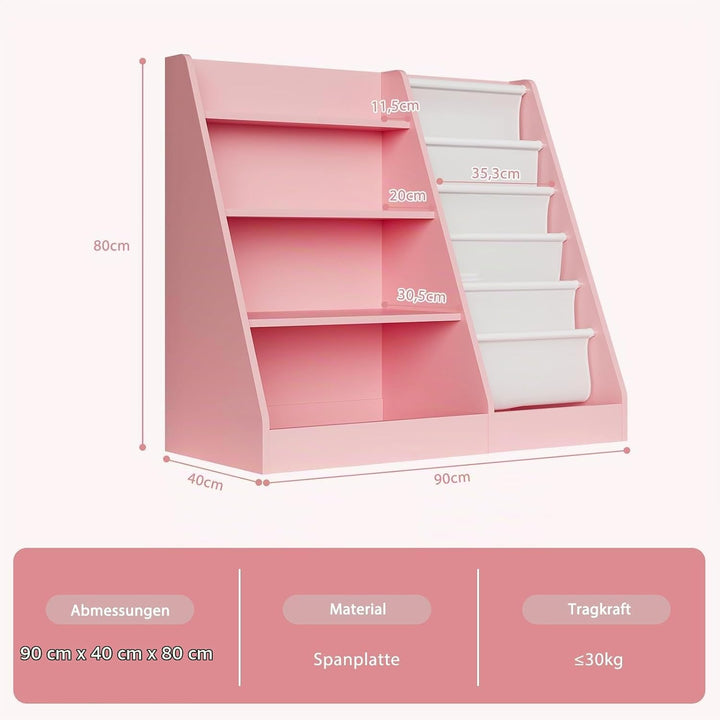 NACHES Kinderregal Bücherregal für Kinder, 90x40x80cm, mit 5 Ablage und 4 offenen Fächern, aus Holz,