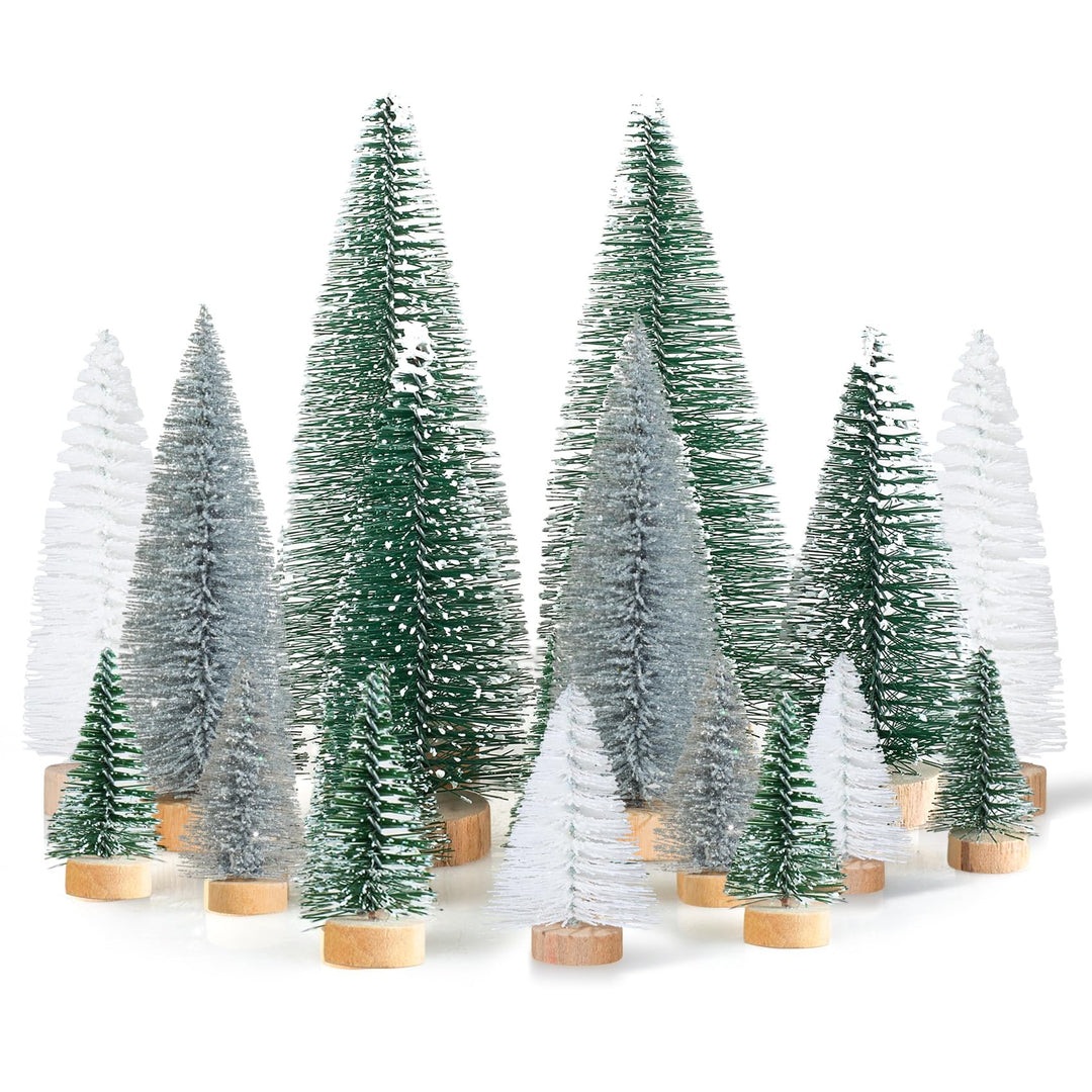 16 Stück Mini Tannenbaum Deko Klein Weihnachtsbaum Grün Silber Weiss, Künstlich Miniatur Weihnachtsb