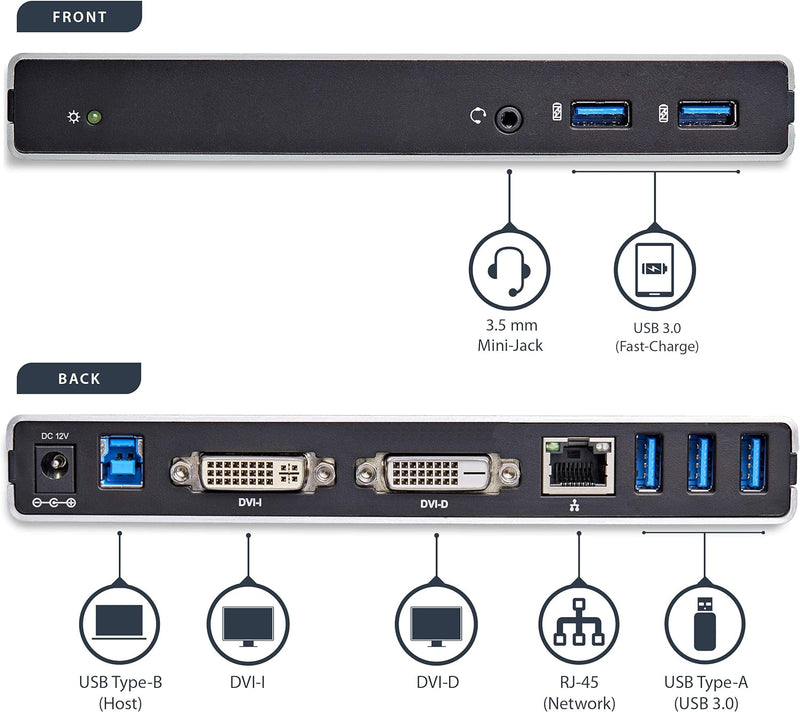 StarTech.com Dual Monitor Dockingstation mit USB 3.0 auf DVI-I & DVI-D und Adaptern für VGA & HDMI,