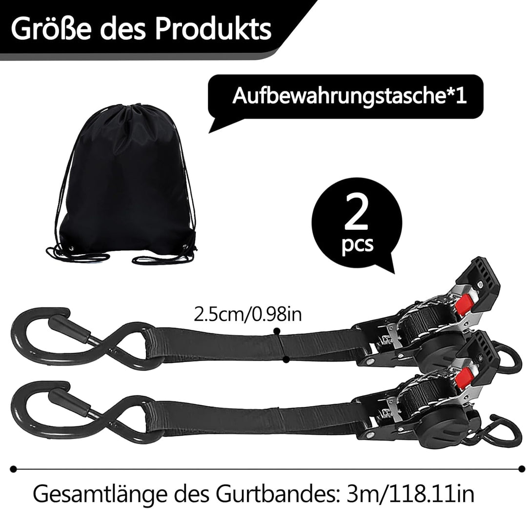2 Stück Automatik Spanngurte, Selbstaufrollende Ratschengurte 3m x 25mm mit S-Haken, Automatik Spann