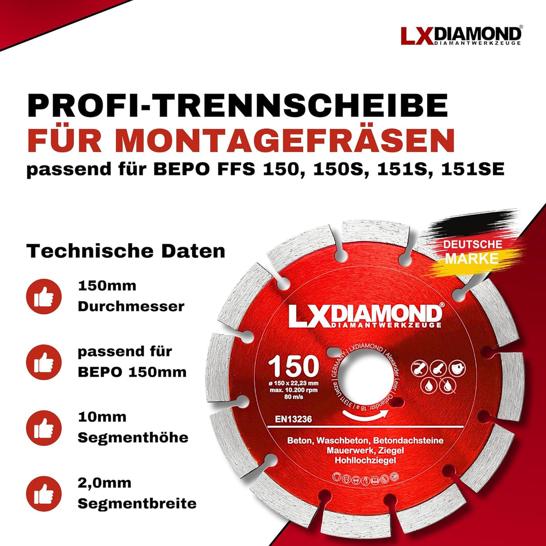 LXDIAMOND 3x Diamant-Trennscheibe 150mm - Diamantscheibe passend für Bepo FFS 150 151 Montagefräse F