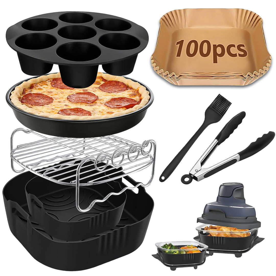 8 Stück Airfryer Zubehör Set für Ninja CRISPi FN101EU &amp; CRISPi Pro | Enthält 2 Silikonkörbe Insert 1