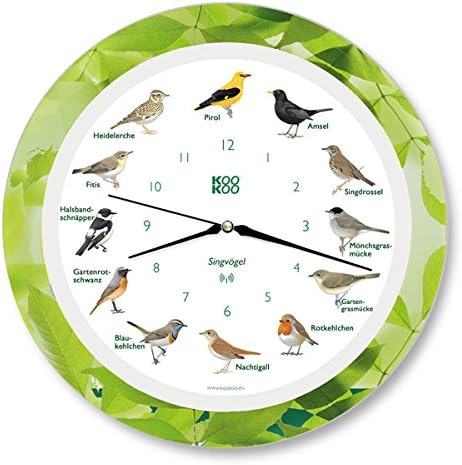 KOOKOO Singvögel Leaf, Die Singende Vogeluhr, mit 12 heimischen Singvögeln und echten, natürlichen V