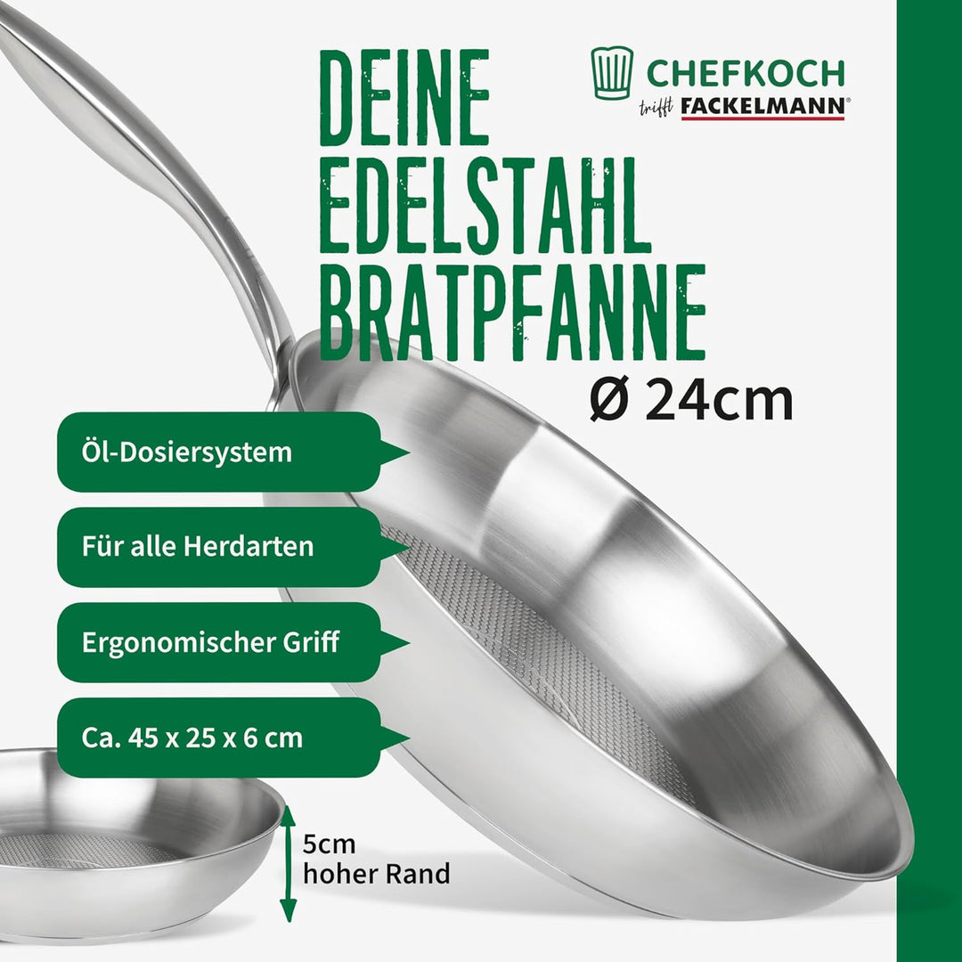 FACKELMANN Chefkoch Bratpfanne Ø24 cm mit Wabenboden – Pfanne aus hochwertigem Edelstahl – Für alle