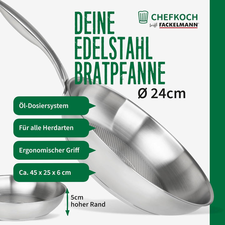 FACKELMANN Chefkoch Bratpfanne Ø24 cm mit Wabenboden – Pfanne aus hochwertigem Edelstahl – Für alle