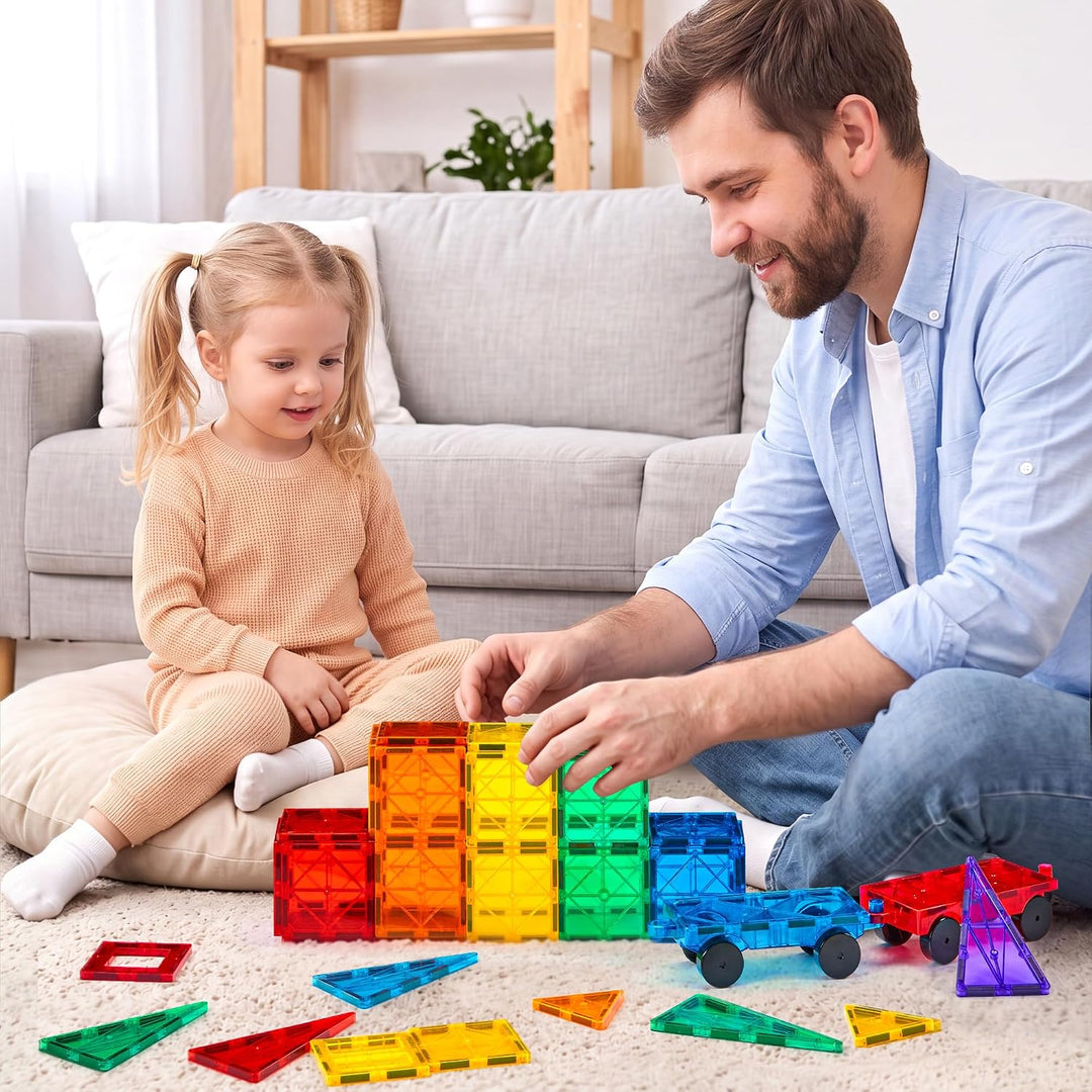 Gemmicc Magnetische Bausteine 100-teilig mit 2 Autos, STEM-zertifiziertes edukatives Magnetspielzeug